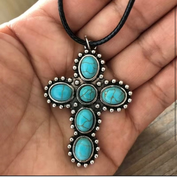 NEW Southwest Turquoise Cross Pendant Necklace Silver Tone Boho Western - Picture 3 of 4